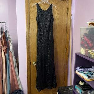 full length high neckline black matte sequin open back dress size 16